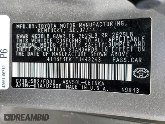 2014 Toyota Camry L with VIN 4T1BF1FK1EU443243, listed as a Copart auction lot 57177505 with 81,068 mi miles and Salvage Title. Bid and sale history available at DreamBid. Image 12.