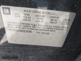 2013 Chevrolet Cruze LS with VIN 1G1PA5SH5D7218758, listed as a IAAI auction lot 41613448 with 165,728 mi miles. Bid and sale history available at carsss.com. Image 9.