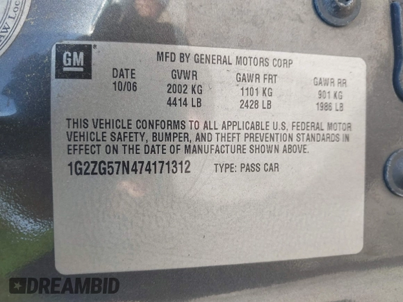 2007 Pontiac G6 G6 with VIN 1G2ZG57N474171312, listed as a IAAI auction lot 42340425 with 194,384 mi miles and . Bid and sale history available at DreamBid. Image 9.