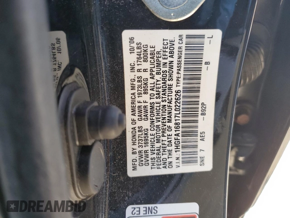 2007 Honda Civic EX with VIN 1HGFA16817L022626, listed as a Copart auction lot 54715855 with 179,918 mi miles and Salvage Title. Bid and sale history available at DreamBid. Image 12.
