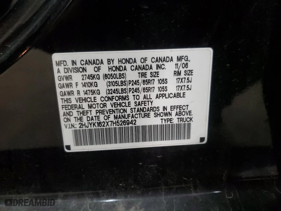 2007 Honda Ridgeline RT with VIN 2HJYK162X7H526942, listed as a Copart auction lot 49839925 with 158,619 mi miles and Salvage Title. Bid and sale history available at carsss.com. Image 12.