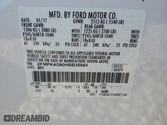 2017 Ford Edge SE с VIN 2FMPK4G90HBB35943, выставлен на аукционе Copart как лот 62221725 с пробегом 69 586 миль миль и Списание • Salvage title. История ставок и продаж доступна на DreamBid. Изображение 13.