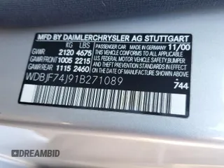 2001 Mercedes-Benz E with VIN WDBJF74J91B271089, listed as a Copart auction lot 49840085 with 46,148 mi miles and Clean Title. Bid and sale history available at DreamBid. Image 12.