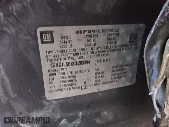 2016 Chevrolet Trax LT with VIN 3GNCJLSBXGL203394, listed as a Copart auction lot 83587684 with 152,493 mi miles and Clean Title. Bid and sale history available at DreamBid. Image 13.
