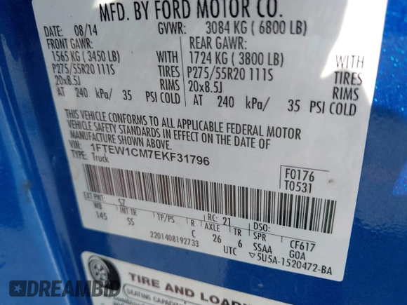 2014 Ford F-150 XL with VIN 1FTEW1CM7EKF31796, listed as a IAAI auction lot 42612772 with 183,685 mi miles and . Bid and sale history available at DreamBid. Image 9.