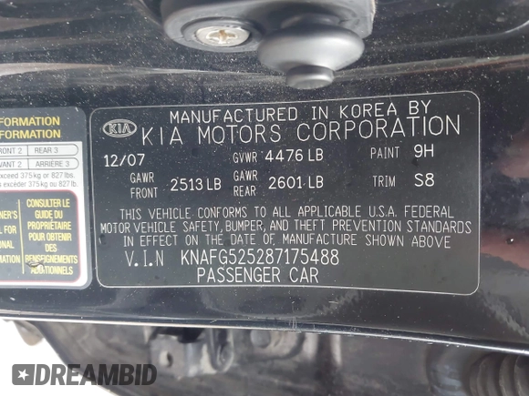 2008 Kia Rondo EX with VIN KNAFG525287175488, listed as a IAAI auction lot 41941146 with 162,000 mi miles. Bid and sale history available at carsss.com. Image 9.