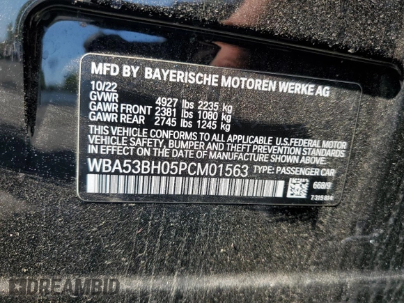 2023 BMW 5 Series 530i with VIN WBA53BH05PCM01563, listed as a Copart auction lot 55525515 with 23,371 mi miles and Salvage title. Bid and sale history available at DreamBid. Image 13.