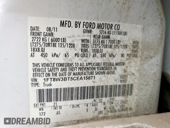 2012 Ford F-350 XL with VIN 1FT8W3BT5CEA15871, listed as a Copart auction lot 58026625 with Not provided miles and Salvage title. Bid and sale history available at DreamBid. Image 12.
