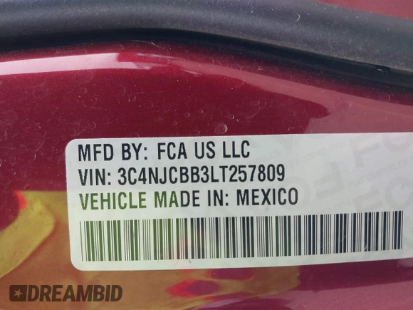 2020 Jeep Compass Latitude with VIN 3C4NJCBB3LT257809, listed as a IAAI auction lot 41736438 with 50,435 mi miles and . Bid and sale history available at DreamBid. Image 9.