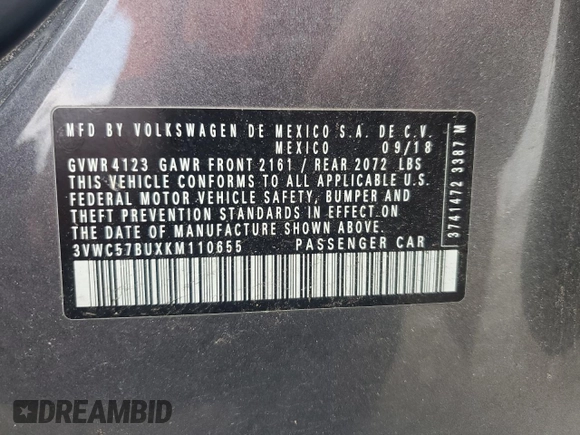 2019 Volkswagen Jetta S with VIN 3VWC57BUXKM110655, listed as a Copart auction lot 59193205 with 55,778 mi miles and Salvage title. Bid and sale history available at DreamBid. Image 12.