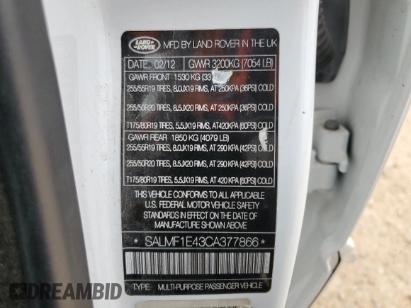 2012 Land Rover Range Rover SC with VIN SALMF1E43CA377866, listed as a Copart auction lot 46449725 with 179,514 mi miles and Salvage title. Bid and sale history available at DreamBid. Image 13.