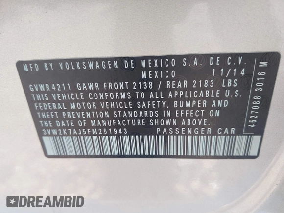 2015 Volkswagen Jetta S with VIN 3VW2K7AJ5FM251943, listed as a IAAI auction lot 42482891 with 74,649 mi miles and . Bid and sale history available at DreamBid. Image 9.