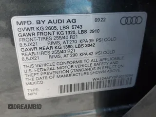 2023 Audi SQ5 Sportback Premium Plus with VIN WA124AFY0P2023254, listed as a Copart auction lot 81053033 with 6,723 mi miles and . Bid and sale history available at DreamBid. Image 13.