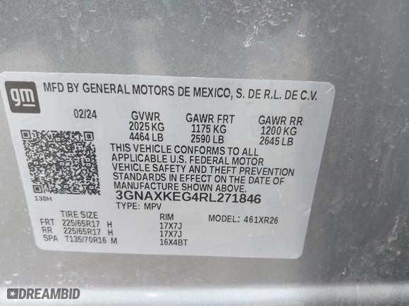 2024 Chevrolet Equinox LT with VIN 3GNAXKEG4RL271846, listed as a IAAI auction lot 41876866 with 45,905 mi miles. Bid and sale history available at carsss.com. Image 9.