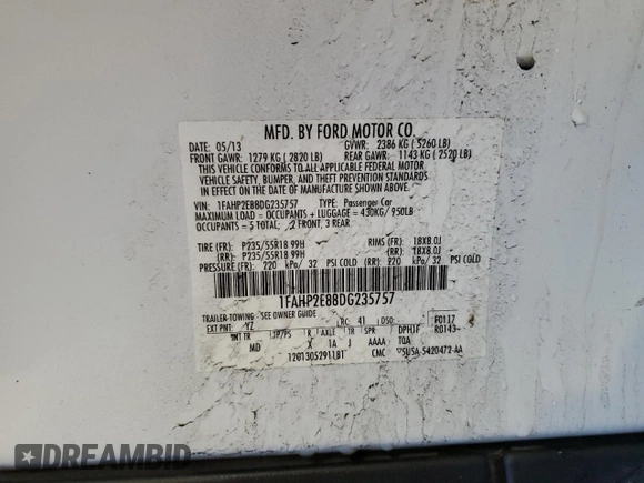 2013 Ford Taurus SEL with VIN 1FAHP2E88DG235757, listed as a Copart auction lot 49896235 with 166,091 mi miles and Non Repairable. Bid and sale history available at carsss.com. Image 12.