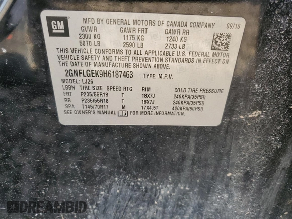 2017 Chevrolet Equinox Premier z VIN 2GNFLGEK9H6187463, wystawiony jako Copart lot #58006975 z przebiegiem Nie podano mil oraz Nie do naprawy • Non repairable. Historia ofert i sprzedaży dostępna na DreamBid. Obrazek 15.
