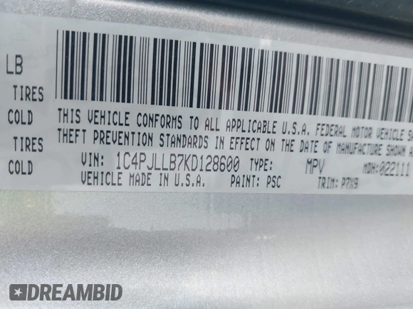 2019 Jeep Cherokee Latitude Plus with VIN 1C4PJLLB7KD128600, listed as a IAAI auction lot 41762380 with 44,740 mi miles. Bid and sale history available at carsss.com. Image 9.