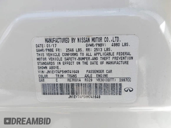 2017 Infiniti Q50 Signature Edition with VIN JN1EV7AP5HM741649, listed as a IAAI auction lot 42500627 with 100,239 mi miles and . Bid and sale history available at DreamBid. Image 9.