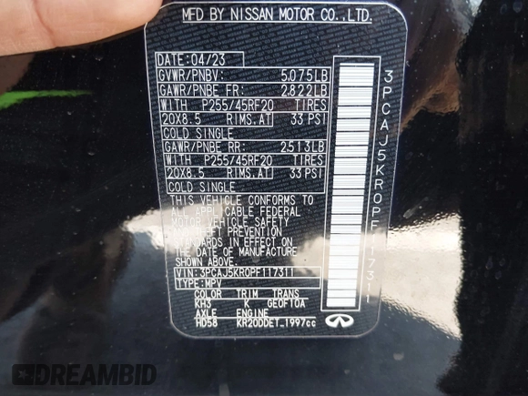 2023 Infiniti QX55 Essential z VIN 3PCAJ5KR0PF117311, wystawiony jako IAAI lot #42050398 z przebiegiem 16 028 mil mil oraz . Historia ofert i sprzedaży dostępna na DreamBid. Obrazek 9.