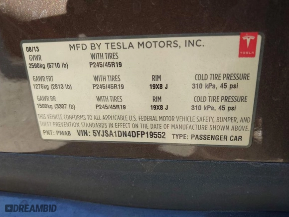 2013 Tesla Model S with VIN 5YJSA1DN4DFP19552, listed as a IAAI auction lot 41360466 with 129,806 mi miles. Bid and sale history available at carsss.com. Image 9.