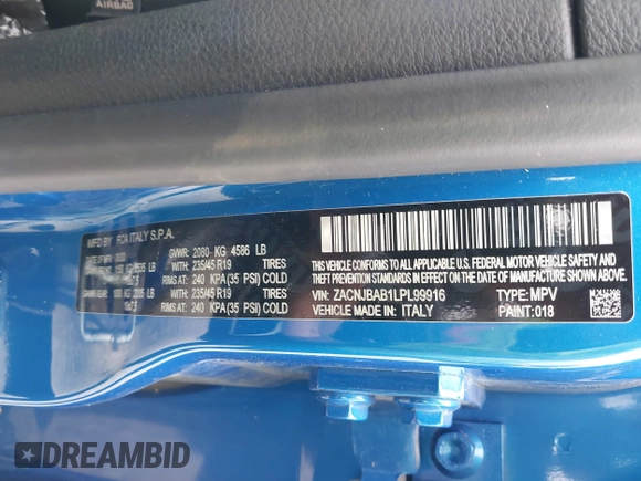 2020 Jeep Renegade Sport z VIN ZACNJBAB1LPL99916, wystawiony jako IAAI lot #42392529 z przebiegiem 31 327 mil mil oraz . Historia ofert i sprzedaży dostępna na DreamBid. Obrazek 9.