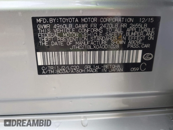 2016 Lexus GS 350 with VIN JTHCZ1BLXGA001028, listed as a IAAI auction lot 42096494 with 29,977 mi miles and . Bid and sale history available at DreamBid. Image 9.