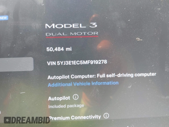2021 Tesla Model 3 Performance with VIN 5YJ3E1EC5MF919278, listed as a IAAI auction lot 40194677 with 50,484 mi miles and . Bid and sale history available at carsss.com. Image 7.