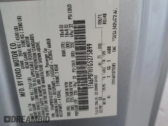 2016 Ford Mustang EcoBoost with VIN 1FA6P8TH1G5275899, listed as a Copart auction lot 61415535 with 116,573 mi miles and Salvage title. Bid and sale history available at DreamBid. Image 12.