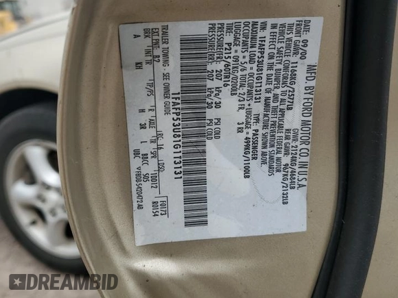 2001 Ford Taurus SE with VIN 1FAFP53U81G113131, listed as a Copart auction lot 51780905 with 85,094 mi miles and Salvage title. Bid and sale history available at DreamBid. Image 12.