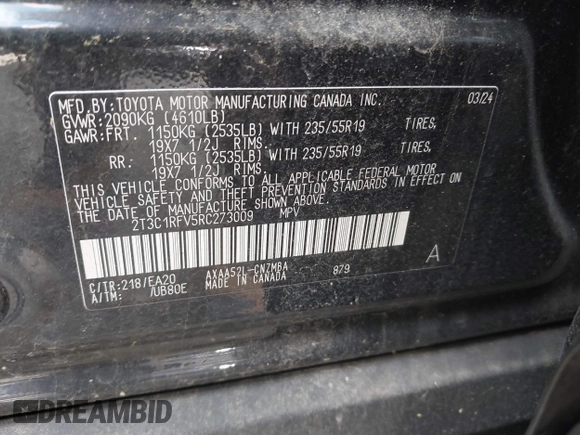 2024 Toyota RAV4 XLE Premium z VIN 2T3C1RFV5RC273009, wystawiony jako IAAI lot #42203695 z przebiegiem 21 641 mil mil oraz . Historia ofert i sprzedaży dostępna na DreamBid. Obrazek 9.