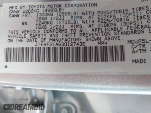 2003 Toyota Highlander z VIN JTEHF21A630127436, wystawiony jako IAAI lot #42098538 z przebiegiem 123 561 mil mil oraz . Historia ofert i sprzedaży dostępna na DreamBid. Obrazek 9.