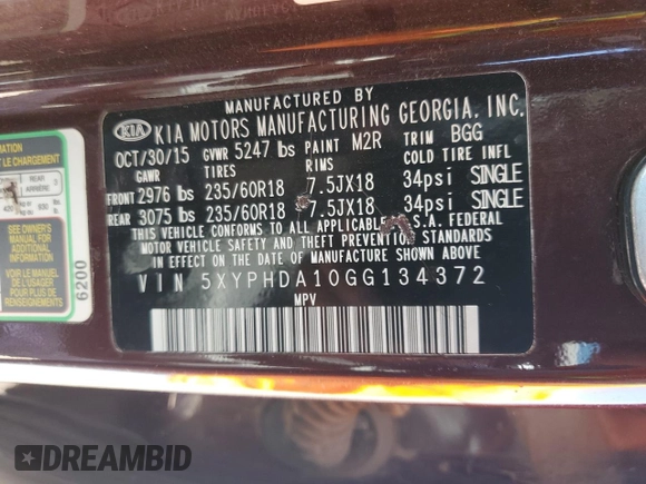 2016 Kia Sorento EX with VIN 5XYPHDA10GG134372, listed as a Copart auction lot 55132025 with 261,022 mi miles and Salvage Title. Bid and sale history available at DreamBid. Image 12.