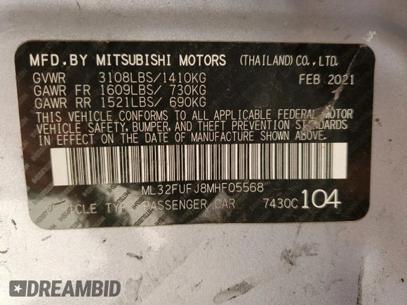 2021 Mitsubishi Mirage ES with VIN ML32FUFJ8MHF05568, listed as a Copart auction lot 51780665 with 80,960 mi miles and Salvage title. Bid and sale history available at DreamBid. Image 12.