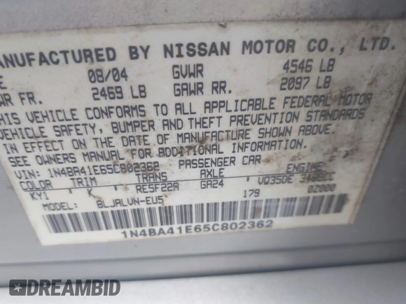 2005 Nissan Maxima SL with VIN 1N4BA41E65C802362, listed as a IAAI auction lot 41514820 with 136,132 mi miles and . Bid and sale history available at DreamBid. Image 9.