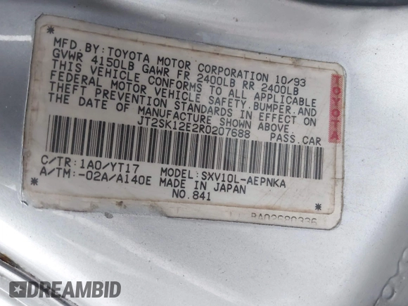 1994 Toyota Camry LE with VIN JT2SK12E2R0207688, listed as a IAAI auction lot 41323827 with 162,680 mi miles. Bid and sale history available at carsss.com. Image 9.