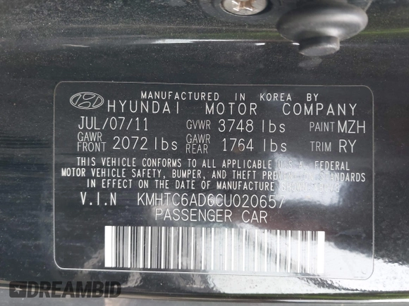 2012 Hyundai Veloster w/Black Int with VIN KMHTC6AD6CU020657, listed as a IAAI auction lot 42031670 with 187,585 mi miles and . Bid and sale history available at DreamBid. Image 9.