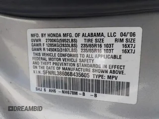2006 Honda Odyssey EX-L с VIN 5FNRL38606B435605, выставлен на аукционе IAAI как лот 42416056 с пробегом 200 649 миль миль и . История ставок и продаж доступна на DreamBid. Изображение 9.