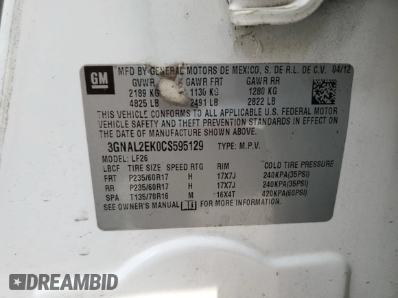 2012 Chevrolet Captiva Sport LS with VIN 3GNAL2EK0CS595129, listed as a Copart auction lot 66562434 with 187,720 mi miles and Clean Title. Bid and sale history available at DreamBid. Image 13.