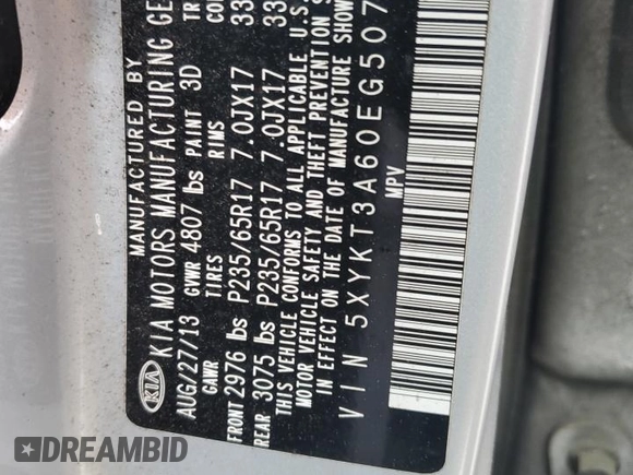 2014 Kia Sorento LX with VIN 5XYKT3A60EG507664, listed as a Copart auction lot 51163345 with 116,423 mi miles and Salvage Title. Bid and sale history available at carsss.com. Image 13.