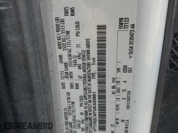 2016 Ford Transit Cargo with VIN 1FTYR2CM7GKA50881, listed as a Copart auction lot 51495455 with 106,360 mi miles and Salvage Title. Bid and sale history available at DreamBid. Image 13.
