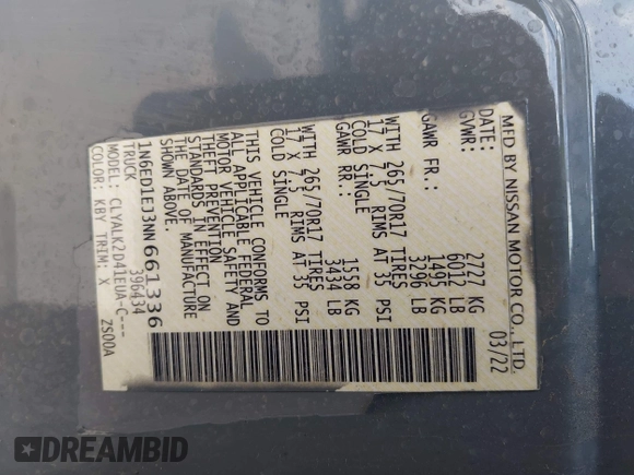 2022 Nissan Frontier SV z VIN 1N6ED1EJ3NN661336, wystawiony jako IAAI lot #42331182 z przebiegiem Nie podano mil oraz . Historia ofert i sprzedaży dostępna na DreamBid. Obrazek 9.