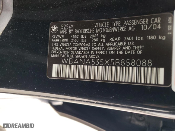 2005 BMW 5 Series 525i with VIN WBANA535X5B858088, listed as a Copart auction lot 72276784 with 105,027 mi miles and Salvage Title. Bid and sale history available at carsss.com. Image 12.
