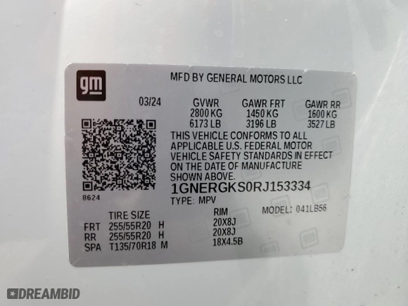 2024 Chevrolet Traverse FWD LT with VIN 1GNERGKS0RJ153334, listed as a Copart auction lot 54352135 with 8,341 mi miles and Salvage Title. Bid and sale history available at carsss.com. Image 13.