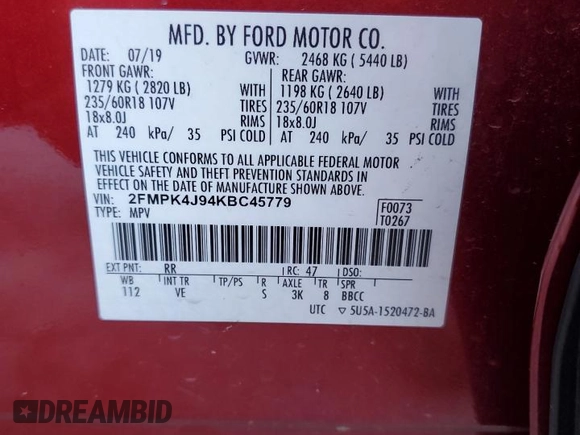 2019 Ford Edge SEL with VIN 2FMPK4J94KBC45779, listed as a Copart auction lot 57243075 with 48,239 mi miles and Salvage title. Bid and sale history available at DreamBid. Image 14.