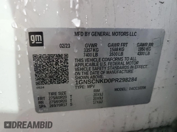 2023 Chevrolet Tahoe LT with VIN 1GNSCNKD0PR298284, listed as a Copart auction lot 48360885 with 55,452 mi miles and Clean title. Bid and sale history available at DreamBid. Image 13.
