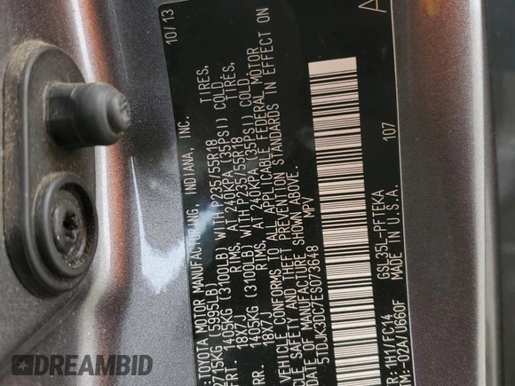 2014 Toyota Sienna LE with VIN 5TDJK3DC7ES073648, listed as a Copart auction lot 50554095 with 136,236 mi miles and Salvage Title. Bid and sale history available at DreamBid. Image 13.