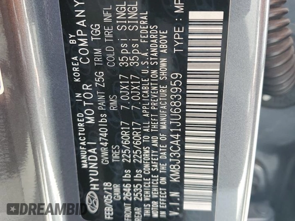 2018 Hyundai Tucson SEL with VIN KM8J3CA41JU683959, listed as a Copart auction lot 53227815 with 118,625 mi miles and Salvage title. Bid and sale history available at DreamBid. Image 16.