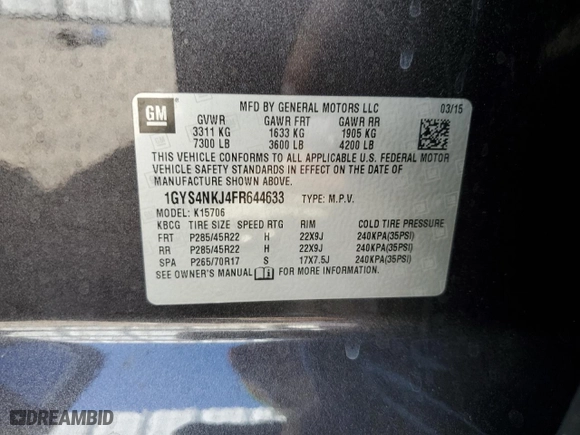 2015 Cadillac Escalade Premium with VIN 1GYS4NKJ4FR644633, listed as a Copart auction lot 68281054 with 143,470 mi miles and Salvage Title. Bid and sale history available at carsss.com. Image 12.