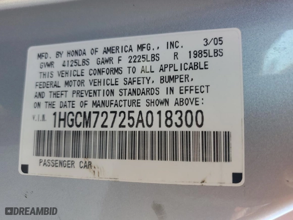 2005 Honda Accord Cpe EX with VIN 1HGCM72725A018300, listed as a Copart auction lot 43513225 with NaN miles and Salvage Title. Bid and sale history available at carsss.com. Image 14.