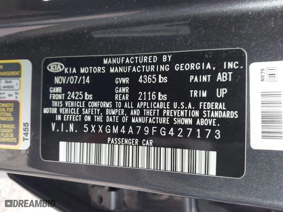2015 Kia Optima LX with VIN 5XXGM4A79FG427173, listed as a IAAI auction lot 41351014 with 93,665 mi miles. Bid and sale history available at carsss.com. Image 9.